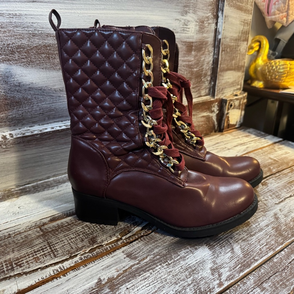 Quilted Burgundy Combat Boots with Gold Chain - Picture 2 of 6
